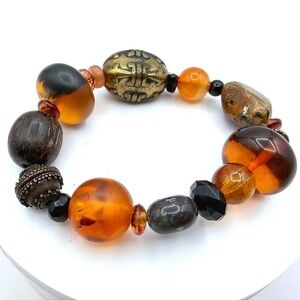 Vintage Amber Brown Glass & Wood Bead Stretch Boho Statement Bracelet Y2K 90s